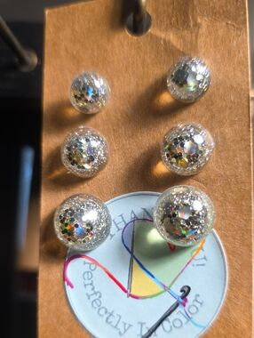 Silver Glitter Ball Stud Earrings - 3 Pair Set